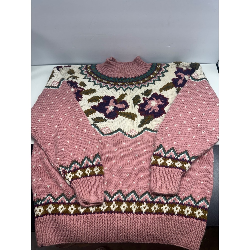 Van Heusen For Her Vintage Hand Knitted Pink Floral Fair Isle Sweater Large